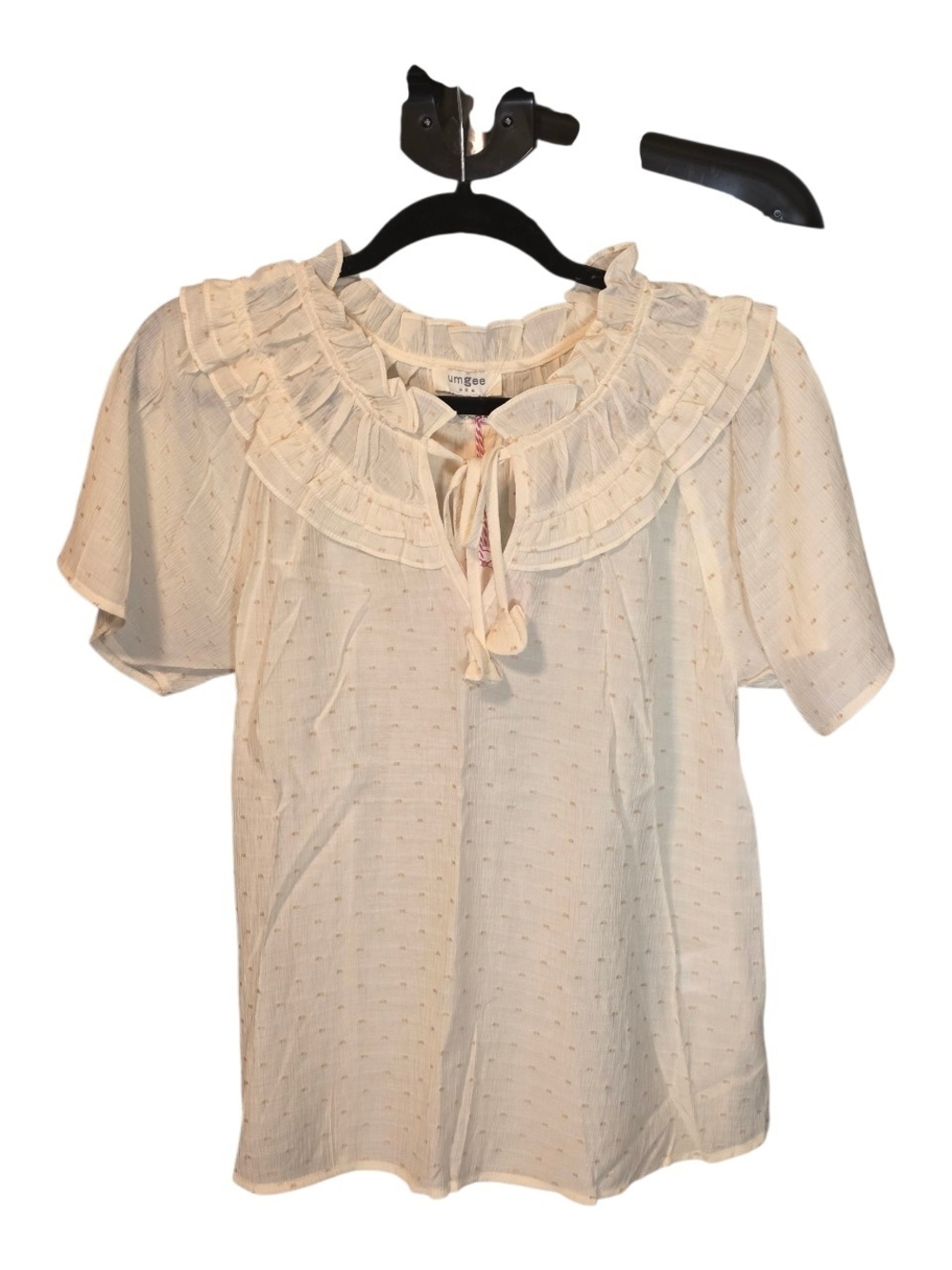 Umgee Cream Ruffled Tie-Neck Swiss Dot Blouse